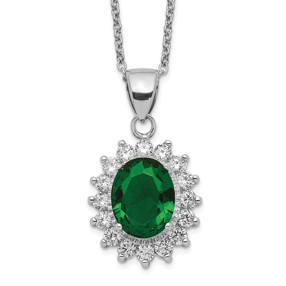 Sterling Silver Cheryl M Rhodium-Plated Brilliant-Cut Green Glass And White Cz Oval 18.25 Inch Necklace