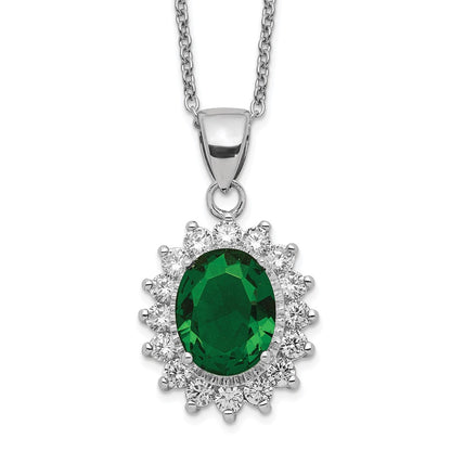 Sterling Silver Cheryl M Rhodium-Plated Brilliant-Cut Green Glass And White Cz Oval 18.25 Inch Necklace