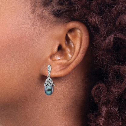 Sterling Silver Cheryl M Rhodium-Plated Black Teardrop Freshwater Cultured Pearl And Brilliant-Cut Cz Post Dangle Earrings
