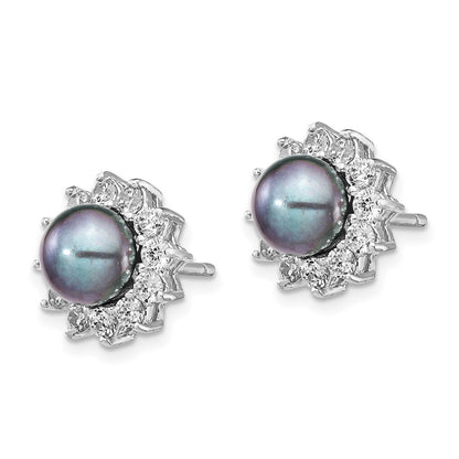 Sterling Silver Cheryl M Rhodium-Plated Black Freshwater Cultured Pearl And Brilliant-Cut Cz Post Earrings