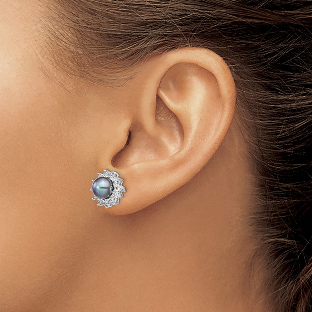 Sterling Silver Cheryl M Rhodium-Plated Black Freshwater Cultured Pearl And Brilliant-Cut Cz Post Earrings