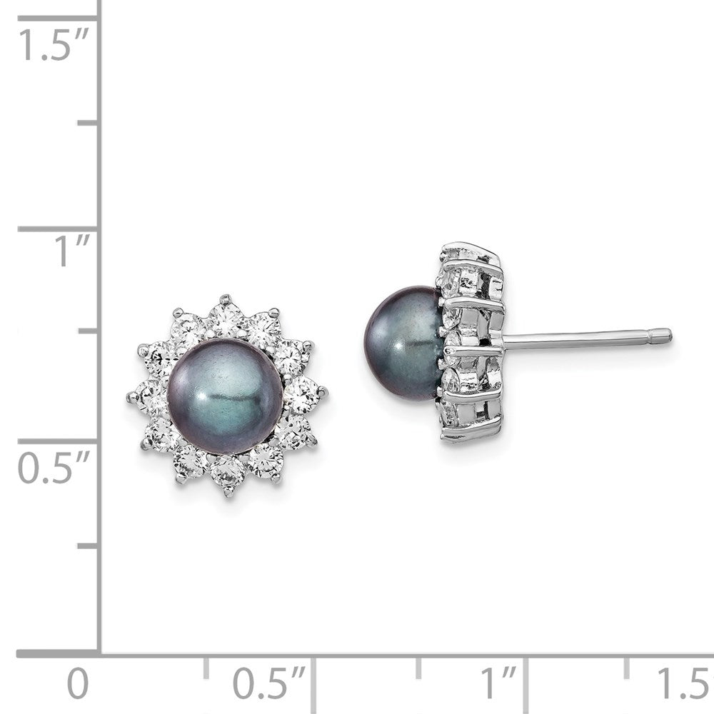Sterling Silver Cheryl M Rhodium-Plated Black Freshwater Cultured Pearl And Brilliant-Cut Cz Post Earrings