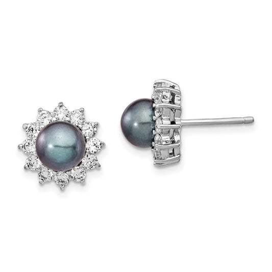 Sterling Silver Cheryl M Rhodium-Plated Black Freshwater Cultured Pearl And Brilliant-Cut Cz Post Earrings