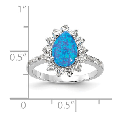 Sterling Silver Cheryl M Rhodium-Plated Cabochon Lab Created Blue Opal And Brilliant-Cut Cz Teardrop Shaped Ring