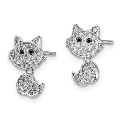 Sterling Silver Cheryl M Rhodium-Plated Moveable Brilliant-Cut Black And White Cz Cat Post Dangle Earrings