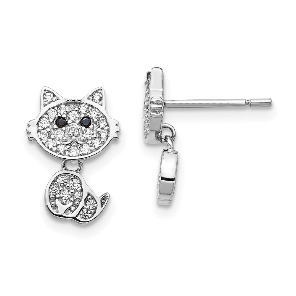 Sterling Silver Cheryl M Rhodium-Plated Moveable Brilliant-Cut Black And White Cz Cat Post Dangle Earrings
