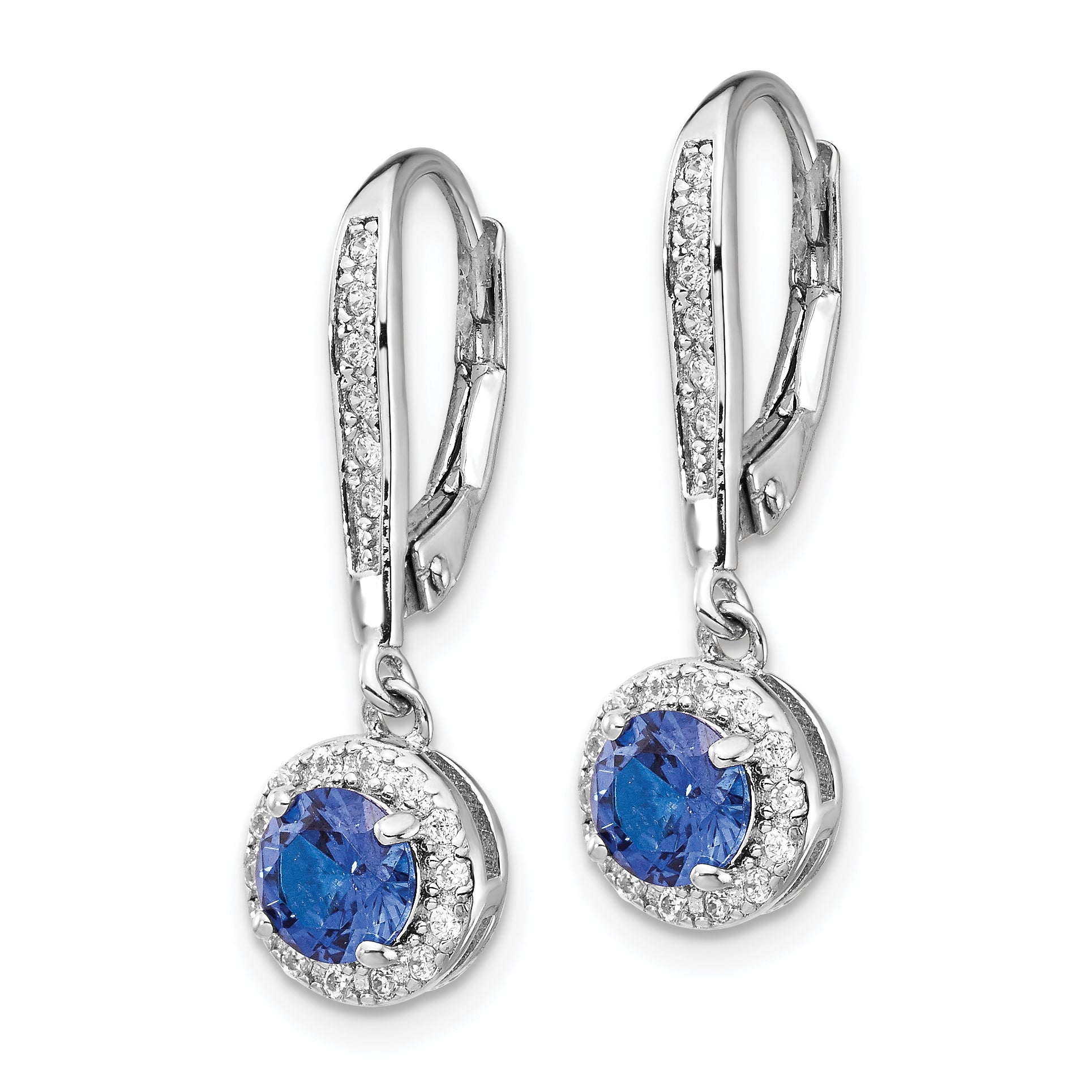 Sterling Silver Cheryl M Rhodium-Plated Brilliant-Cut Lab Created Dark Blue Spinel And White Cz Round Halo Leverback Dangle Earrings