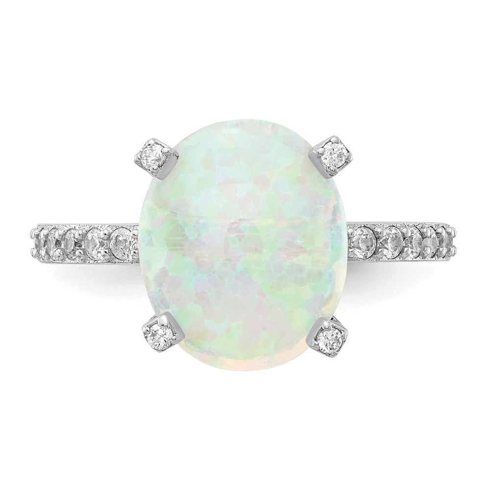 Sterling Silver Cheryl M Rhodium-Plated Cabochon Lab Created Opal And Brilliant-Cut Cz Oval With Side Stones Ring