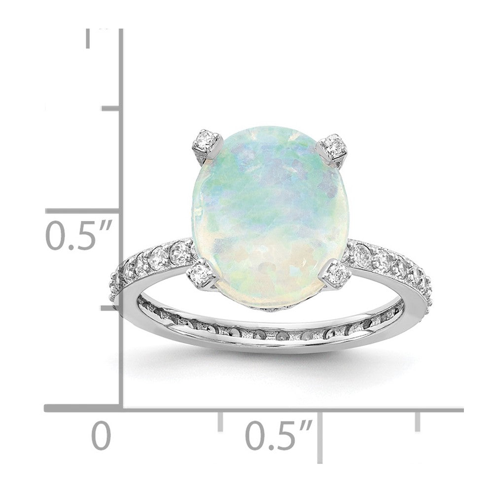 Sterling Silver Cheryl M Rhodium-Plated Cabochon Lab Created Opal And Brilliant-Cut Cz Oval With Side Stones Ring