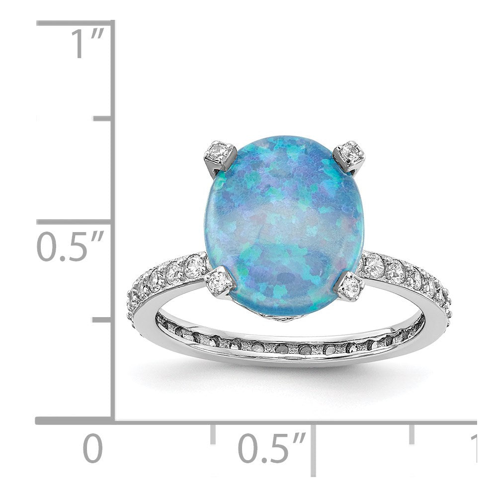 Sterling Silver Cheryl M Rhodium-Plated Cabochon Lab Created Blue Opal And Brilliant-Cut Cz Oval With Side Stones Ring
