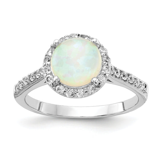 Sterling Silver Cheryl M Rhodium-Plated Cabochon Lab Created Opal And Brilliant-Cut Cz Halo Ring