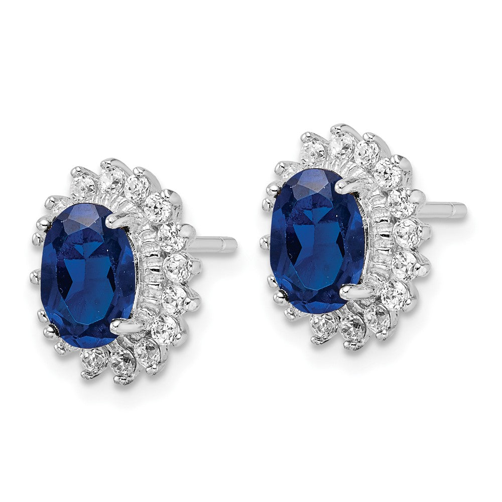 Sterling Silver Cheryl M Rhodium-Plated Brilliant-Cut Lab Created Dark Blue Spinel And White Cz Oval Halo Post Earrings