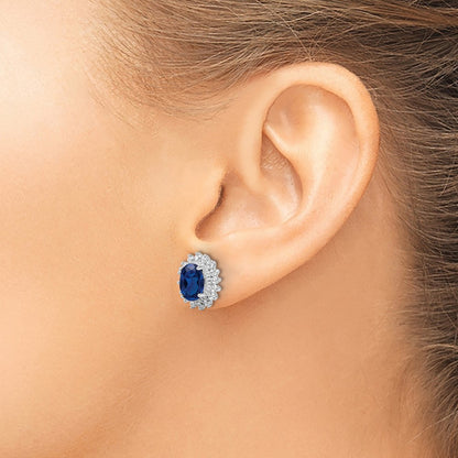Sterling Silver Cheryl M Rhodium-Plated Brilliant-Cut Lab Created Dark Blue Spinel And White Cz Oval Halo Post Earrings