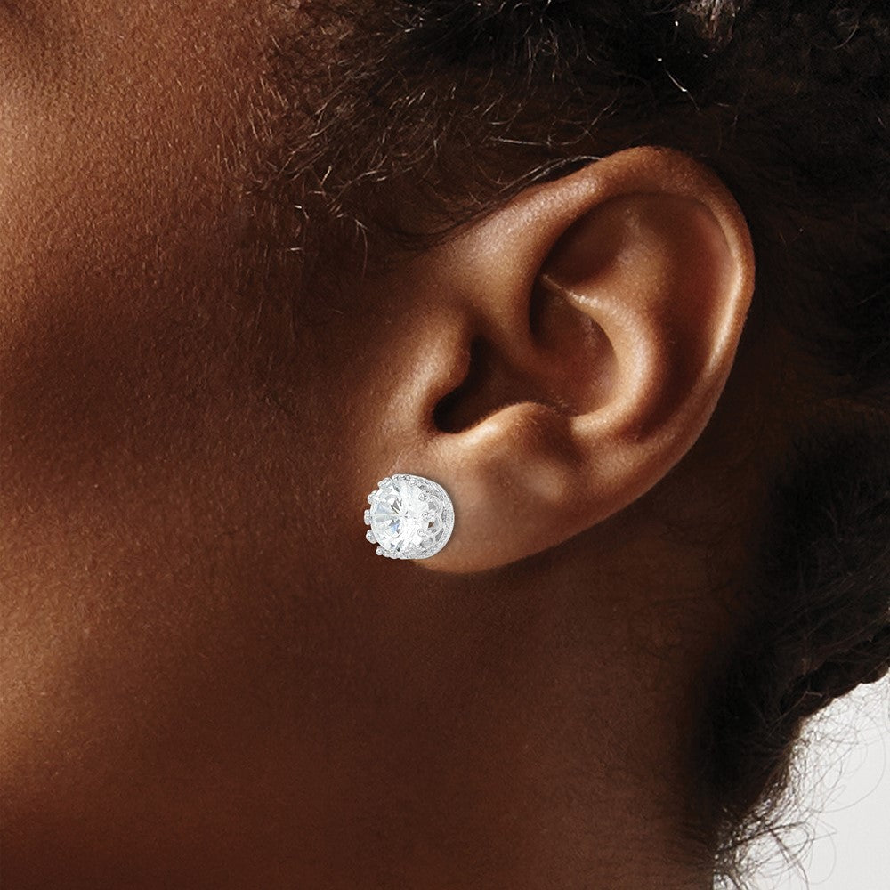 Sterling Silver Cheryl M Rhodium-Plated Brilliant-Cut Cz 8mm Crown Post Stud Earrings