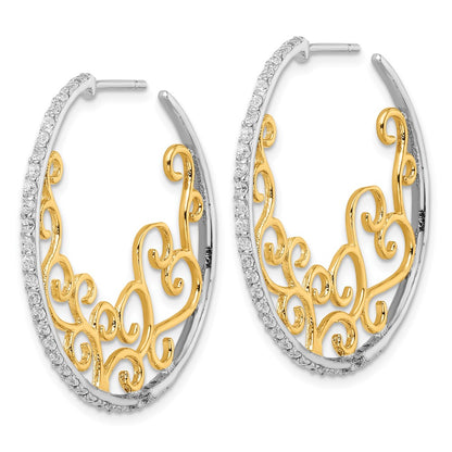 Sterling Silver Cheryl M Rhodium-Plated And Gold-Plated Brilliant-Cut Cz Swirl Round Post Hoop Earrings