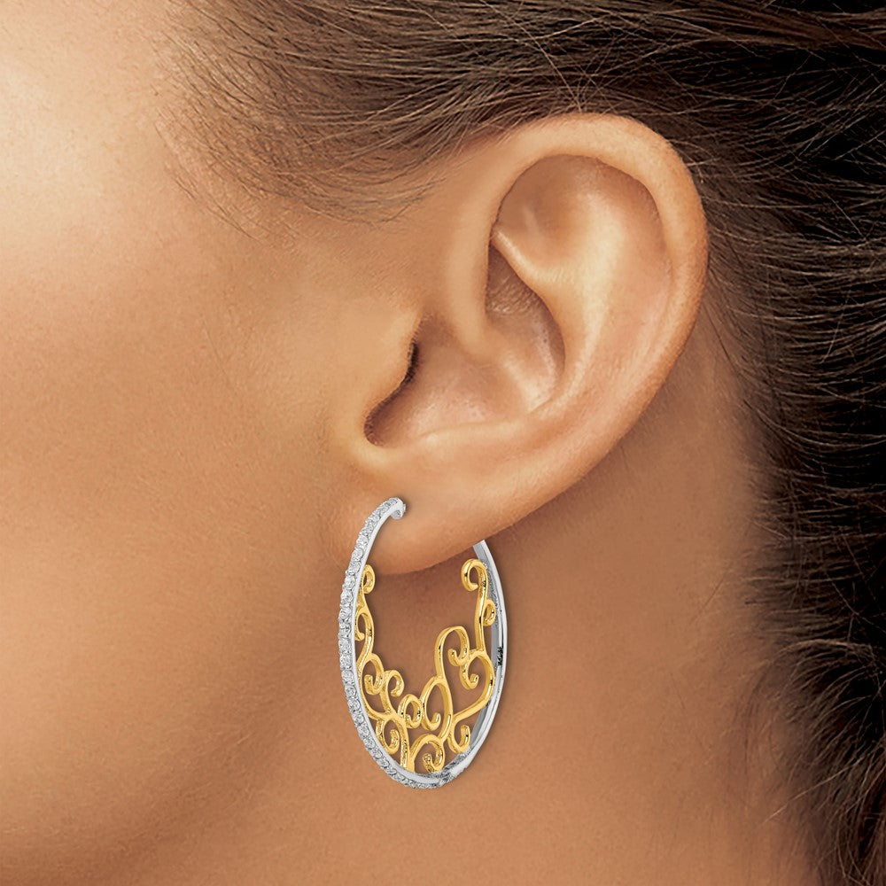 Sterling Silver Cheryl M Rhodium-Plated And Gold-Plated Brilliant-Cut Cz Swirl Round Post Hoop Earrings
