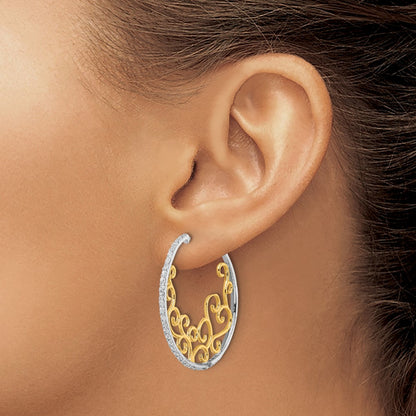 Sterling Silver Cheryl M Rhodium-Plated And Gold-Plated Brilliant-Cut Cz Swirl Round Post Hoop Earrings