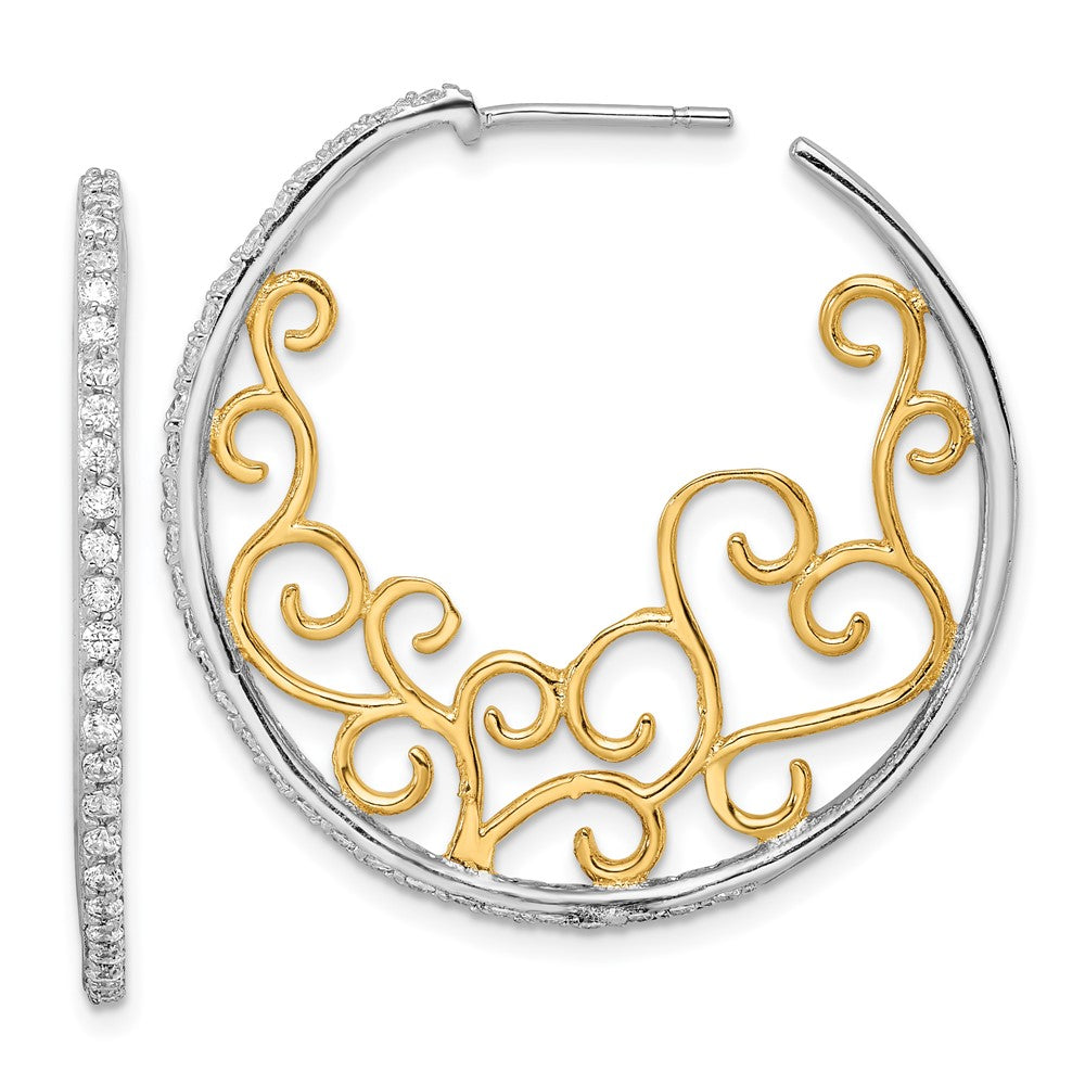 Sterling Silver Cheryl M Rhodium-Plated And Gold-Plated Brilliant-Cut Cz Swirl Round Post Hoop Earrings