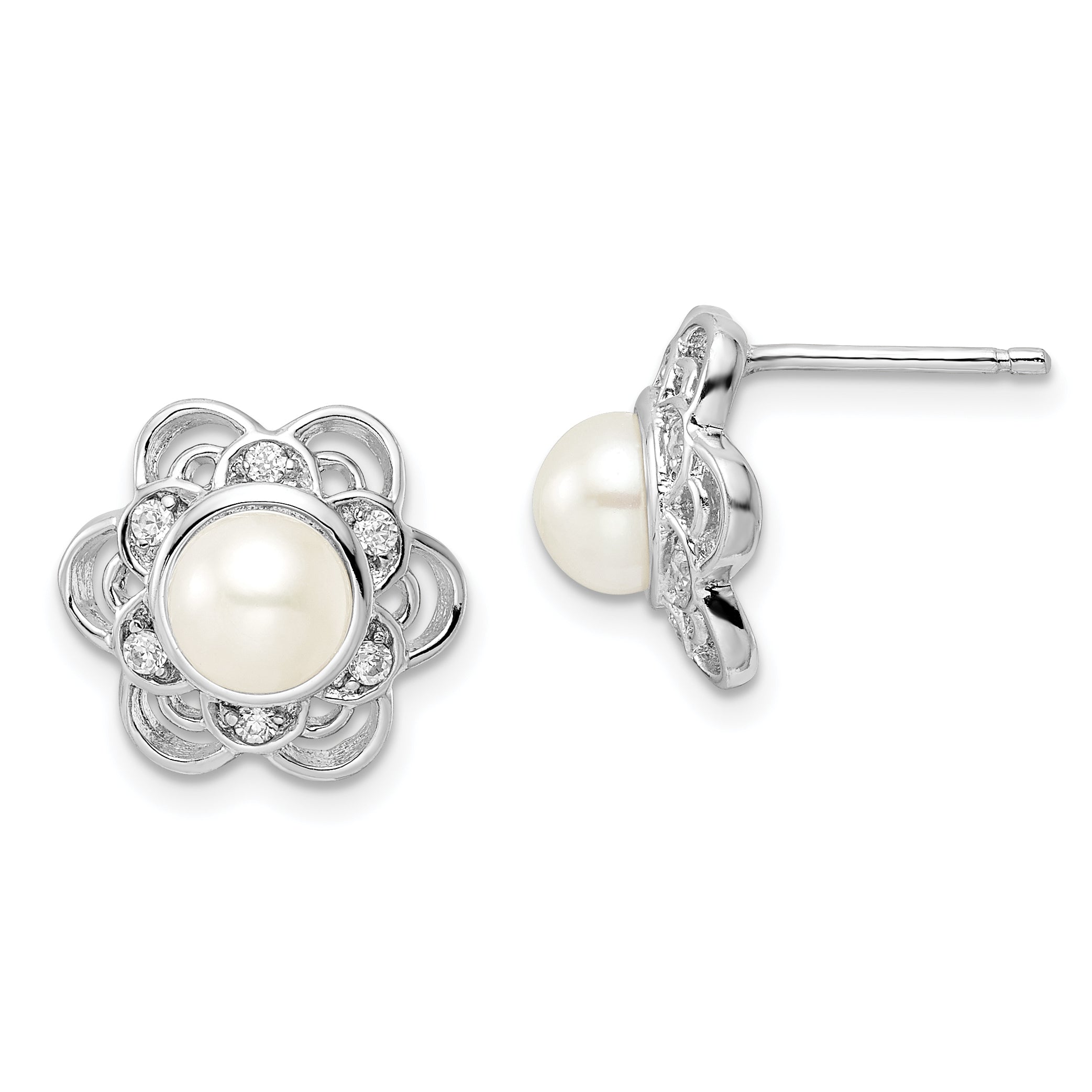 Sterling Silver Cheryl M Rhodium Plated Freshwater Cultured Pearl And Brilliant-Cut Cz Floral Post Earrings