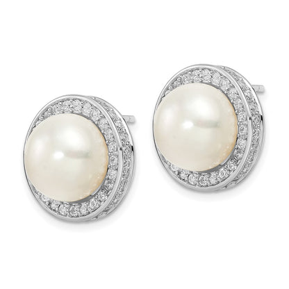 Sterling Silver Cheryl M Rhodium-Plated 12mm Button Freshwater Cultured Pearl And Brilliant-Cut Cz Halo Post Earrings
