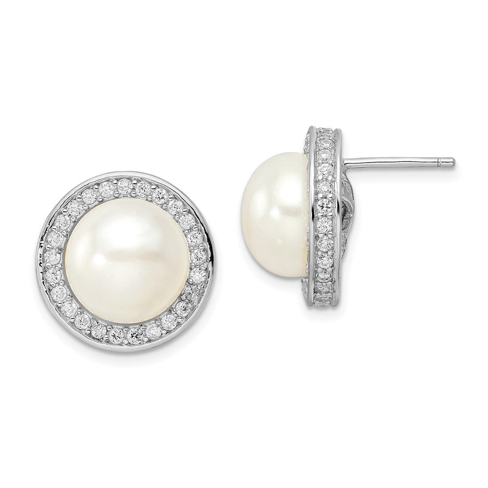 Sterling Silver Cheryl M Rhodium-Plated 12mm Button Freshwater Cultured Pearl And Brilliant-Cut Cz Halo Post Earrings