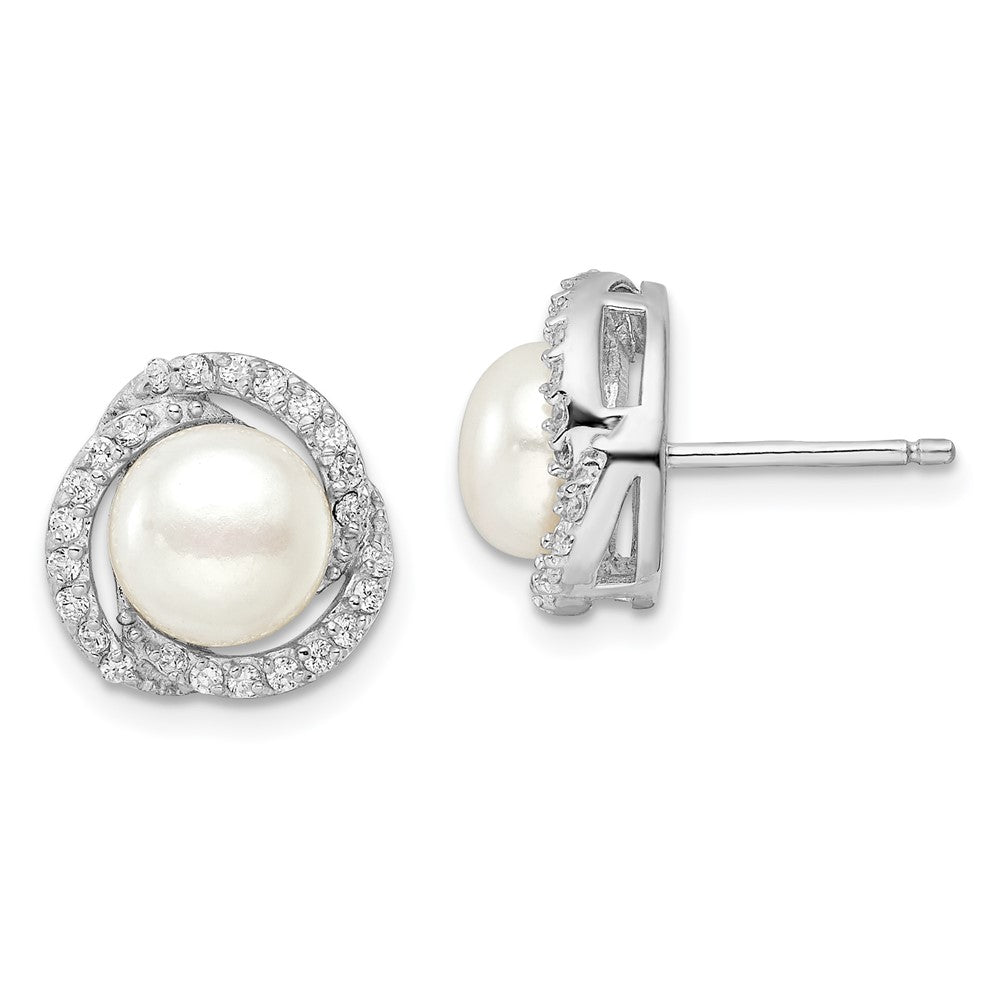 Sterling Silver Cheryl M Rhodium-Plated Freshwater Cultured Pearl And Brilliant-Cut Cz Love Knot Post Earrings