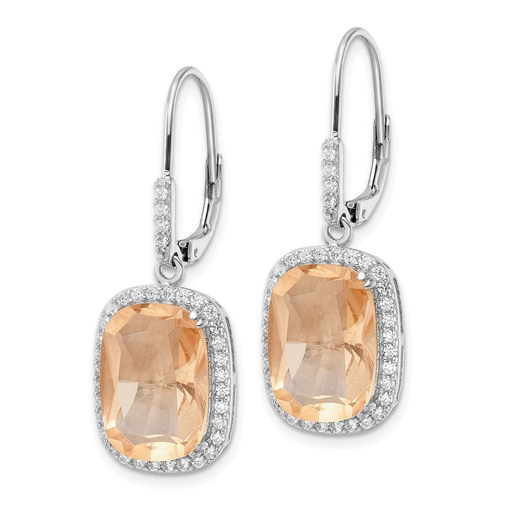 Sterling Silver Cheryl M Rhodium-Plated Peach Elongated Cushion-Cut Cz And White Brilliant-Cut Halo Leverback Dangle Earrings