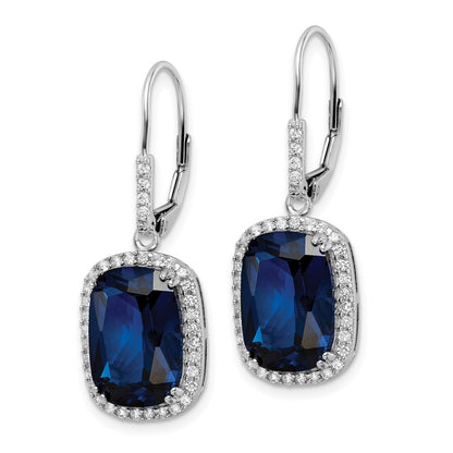 Sterling Silver Cheryl M Rhodium-Plated Elongated Cushion-Cut Lab Created Dark Blue Spinel And Brilliant-Cut White Cz Leverback Dangle Earrings