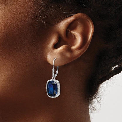 Sterling Silver Cheryl M Rhodium-Plated Elongated Cushion-Cut Lab Created Dark Blue Spinel And Brilliant-Cut White Cz Leverback Dangle Earrings