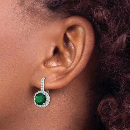 Sterling Silver Cheryl M Rhodium-Plated Brilliant-Cut Green Glass And White Cz Halo Leverback Earrings