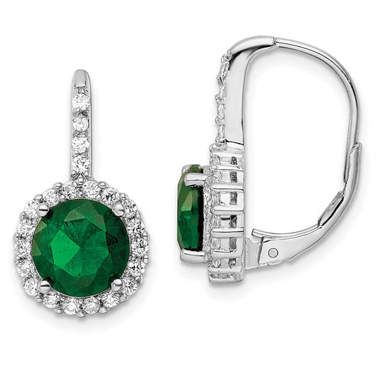 Sterling Silver Cheryl M Rhodium-Plated Brilliant-Cut Green Glass And White Cz Halo Leverback Earrings