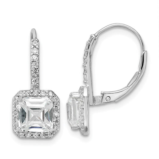 Sterling Silver Cheryl M Rhodium-Plated Brilliant-Cut And Asscher-Cut Cz Leverback Earrings