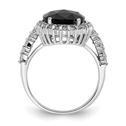 Sterling Silver Cheryl M Rhodium-Plated Checker-Cut Black Cz And Brilliant-Cut White Oval Halo Ring