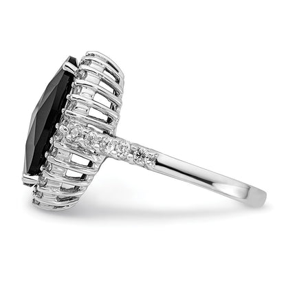 Sterling Silver Cheryl M Rhodium-Plated Checker-Cut Black Cz And Brilliant-Cut White Oval Halo Ring