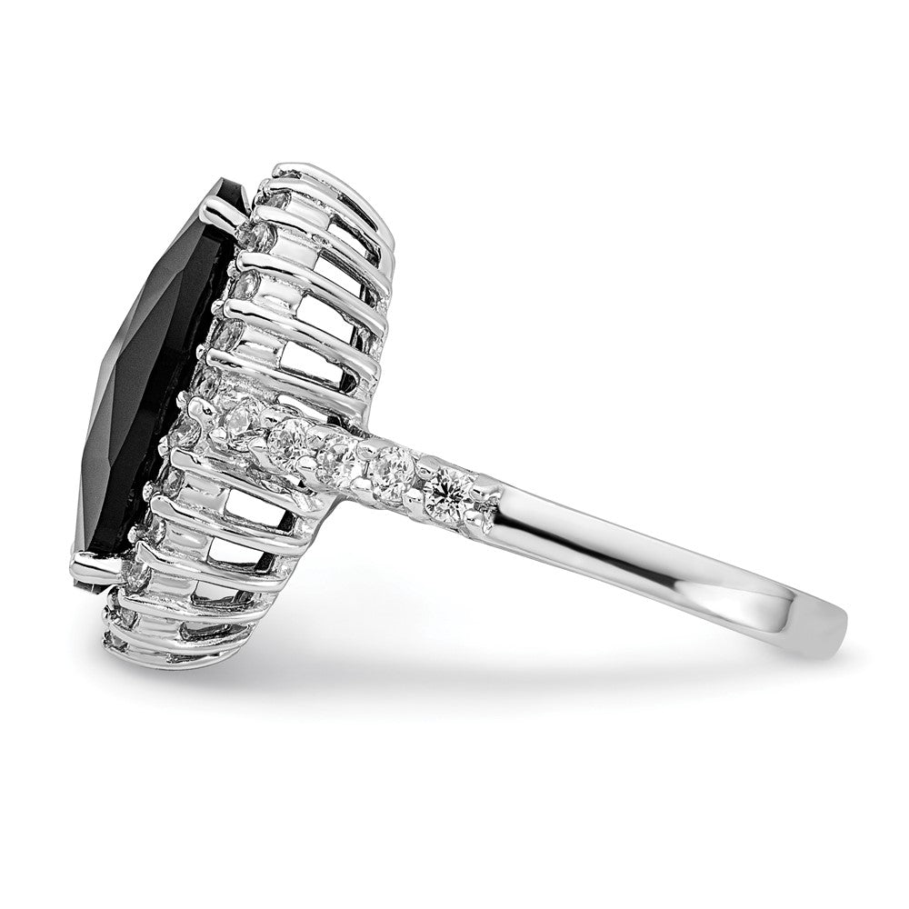 Sterling Silver Cheryl M Rhodium-Plated Checker-Cut Black Cz And Brilliant-Cut White Oval Halo Ring