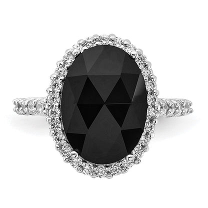 Sterling Silver Cheryl M Rhodium-Plated Checker-Cut Black Cz And Brilliant-Cut White Oval Halo Ring