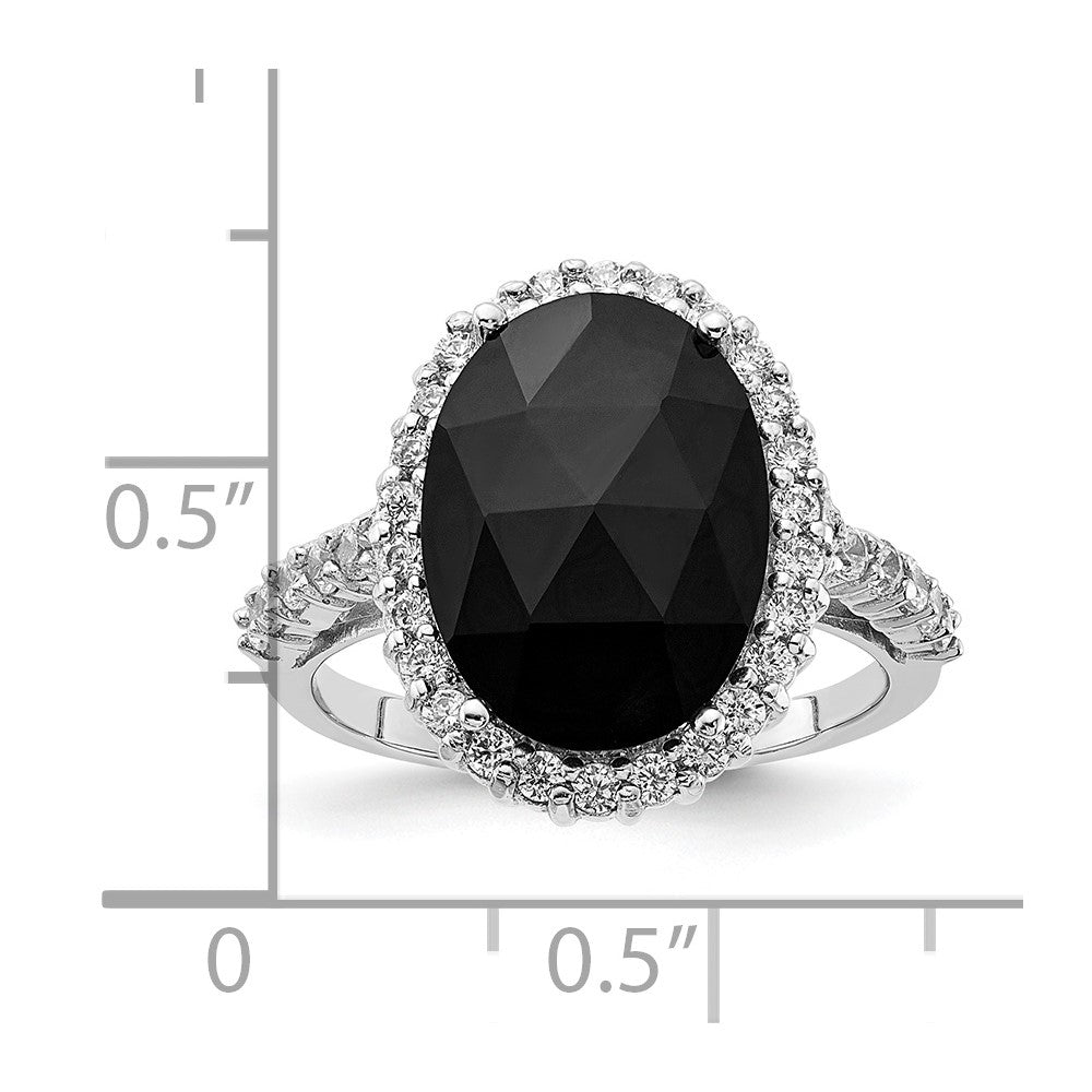Sterling Silver Cheryl M Rhodium-Plated Checker-Cut Black Cz And Brilliant-Cut White Oval Halo Ring