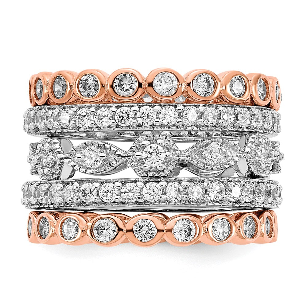 Sterling Silver Cheryl M Rhodium-Plated And Rose Gold-Plated Brilliant-Cut Cz 5 Piece Eternity Band Ring Set