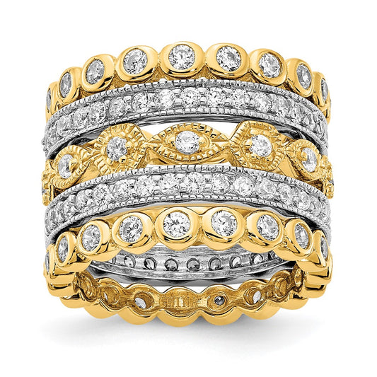 Sterling Silver Cheryl M Rhodium-Plated And Gold-Plated Brilliant-Cut Cz 5 Piece Eternity Band Ring Set