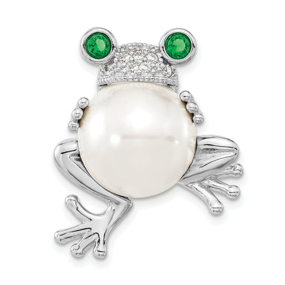 Sterling Silver Cheryl M Rhodium-Plated Acrylic Pearl And Brilliant-Cut Green White Cz Frog Pin