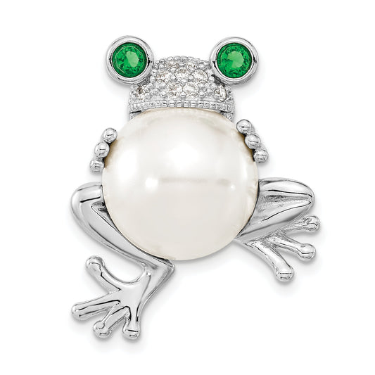Sterling Silver Cheryl M Rhodium-Plated Acrylic Pearl And Brilliant-Cut Green White Cz Frog Pin