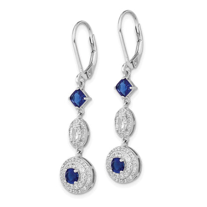 Sterling Silver Cheryl M Rhodium-Plated Cushion-Cut/Brilliant-Cut Blue Glass And Brilliant-Cut White Cz Leverback Dangle Earrings