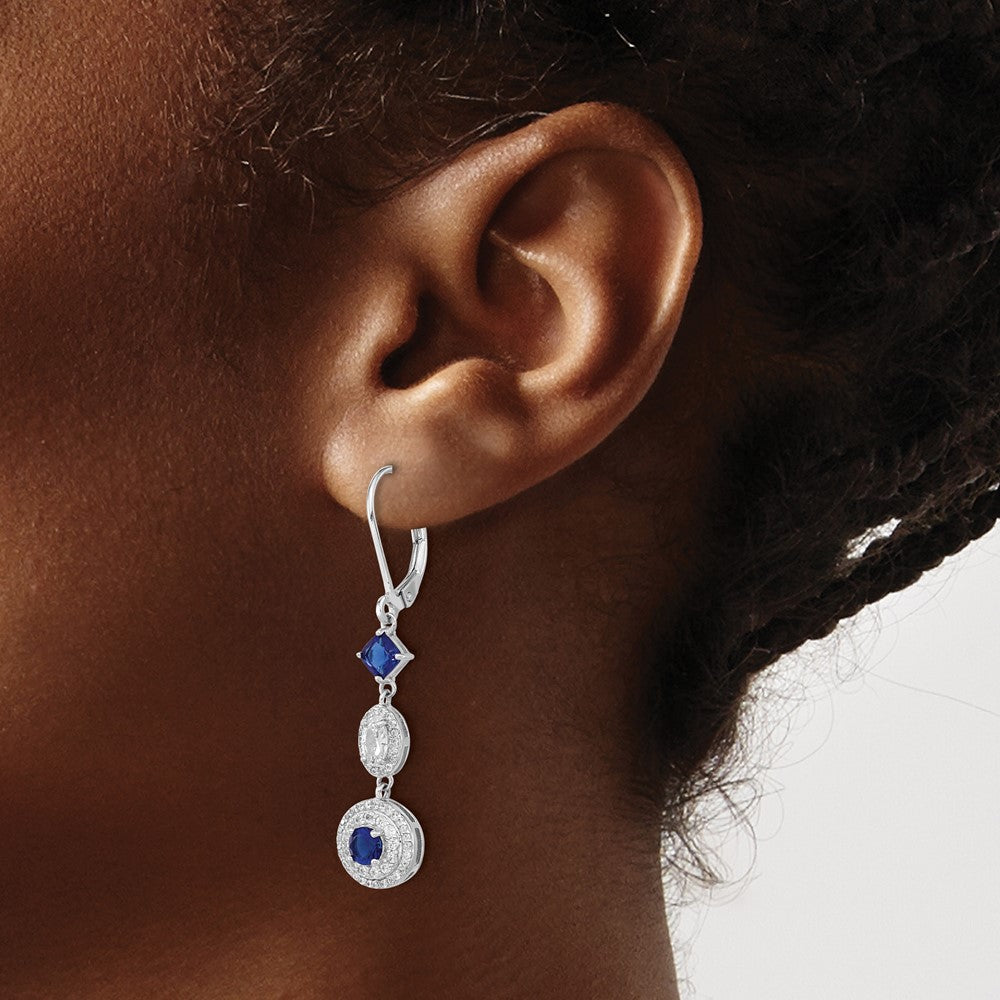 Sterling Silver Cheryl M Rhodium-Plated Cushion-Cut/Brilliant-Cut Blue Glass And Brilliant-Cut White Cz Leverback Dangle Earrings