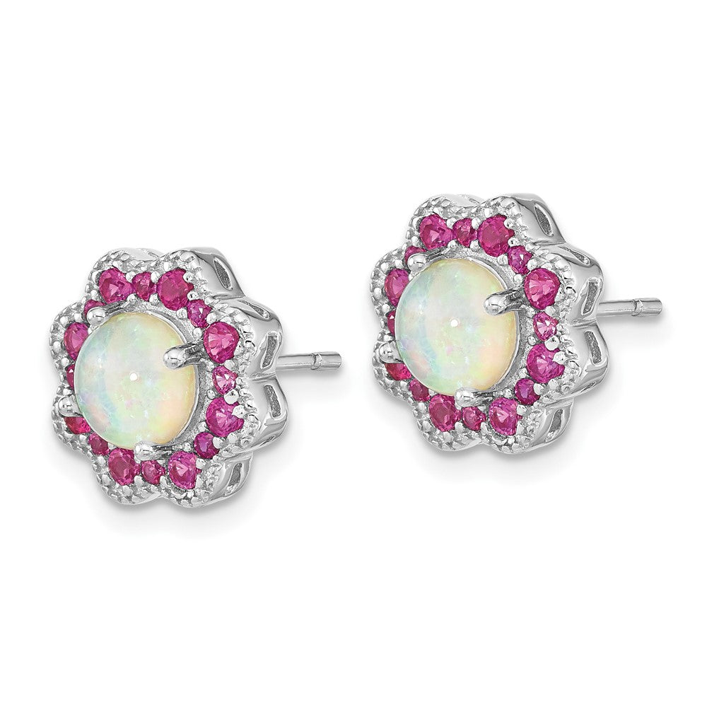 Sterling Silver Cheryl M Rhodium-Plated Cabochon Lab Created Opal And Brilliant-Cut Red Nano Crystal Flower Post Earrings