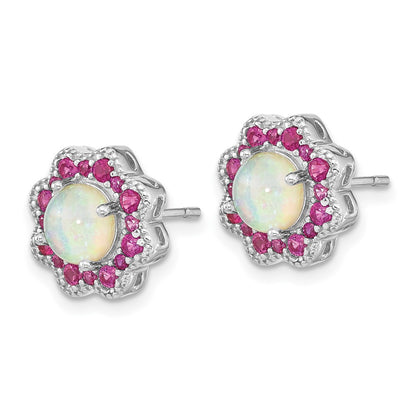 Sterling Silver Cheryl M Rhodium-Plated Cabochon Lab Created Opal And Brilliant-Cut Red Nano Crystal Flower Post Earrings