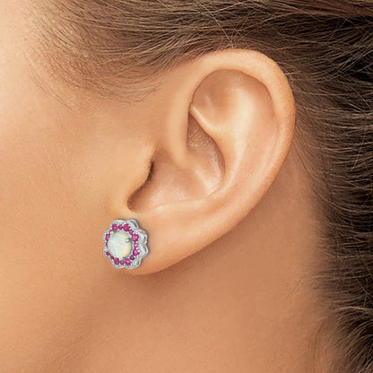 Sterling Silver Cheryl M Rhodium-Plated Cabochon Lab Created Opal And Brilliant-Cut Red Nano Crystal Flower Post Earrings