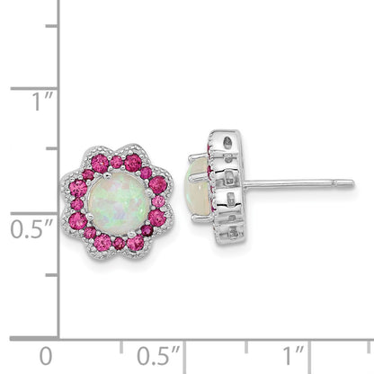 Sterling Silver Cheryl M Rhodium-Plated Cabochon Lab Created Opal And Brilliant-Cut Red Nano Crystal Flower Post Earrings