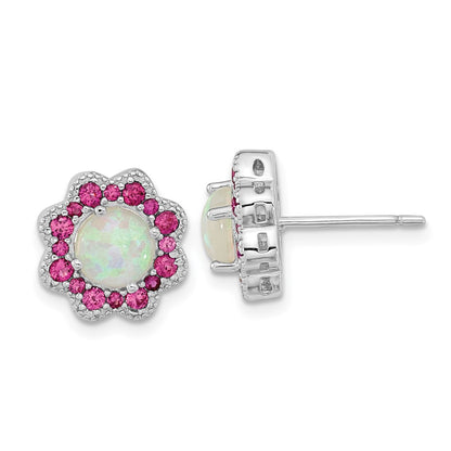 Sterling Silver Cheryl M Rhodium-Plated Cabochon Lab Created Opal And Brilliant-Cut Red Nano Crystal Flower Post Earrings