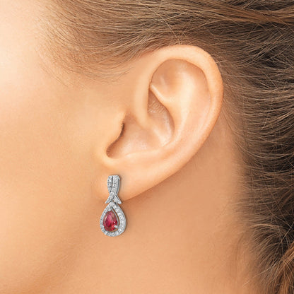Sterling Silver Cheryl M Rhodium-Plated Brilliant-Cut Lab Created Ruby And White Cz Teardrop Post Dangle Earrings