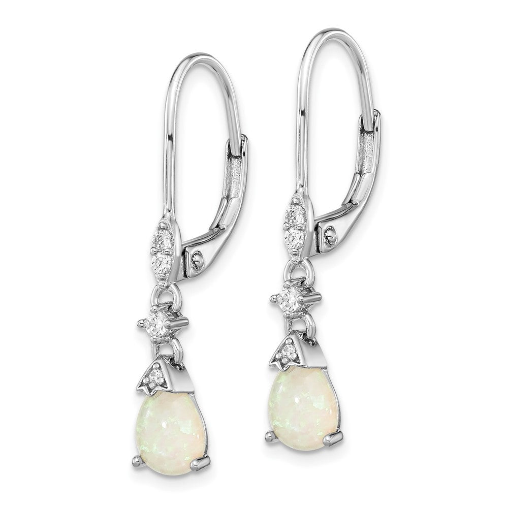 Sterling Silver Cheryl M Rhodium-Plated Cabochon Lab Created Opal And Brilliant-Cut Cz Dangle Leverback Earrings